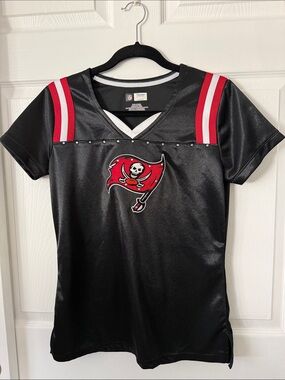 NFL Tampa Bay Buccaneers Women’s Jersey Top in Black with Red & White Stripes
